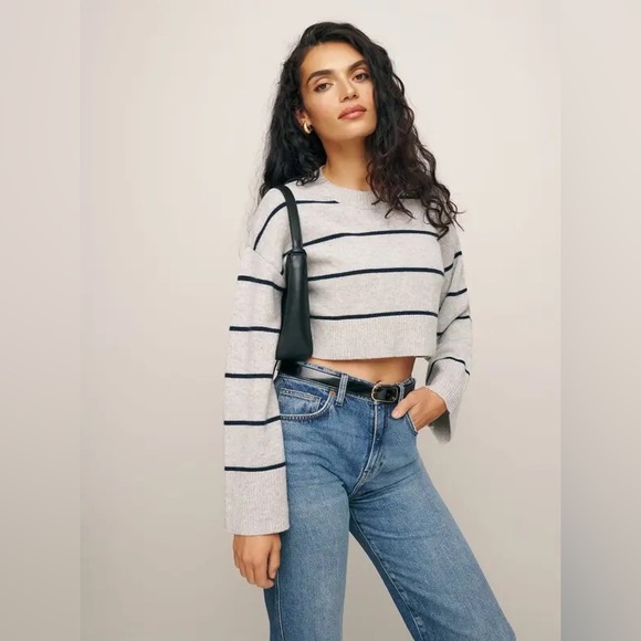 Reformation Paloma Cropped Striped Cashmere Crewneck Sweater - Picture 2 of 7